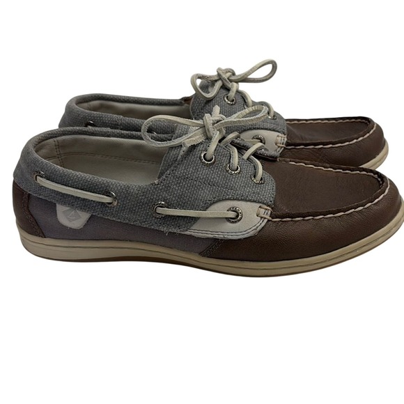 Sperry Shoes - Sperry Top-Sider Boat Shoes Brown Leather Gray Canvas Preppy Coastal Womens 7